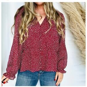 Madewell Women Burgundy V-Neck Floral Long Sleeve Peplum Ruffled Blouse Size L
